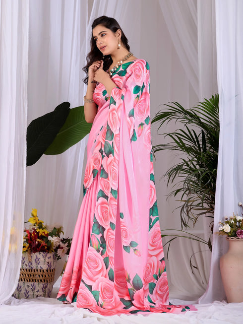 Pink Soft Satin Georgette Saree With Blouse - Detail View | Samyak Fashion