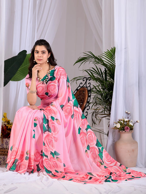 Pink Soft Satin Georgette Saree With Blouse - Close-up View | Samyak Fashion