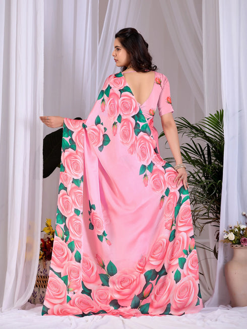 Pink Soft Satin Georgette Saree With Blouse - Full View | Samyak Fashion