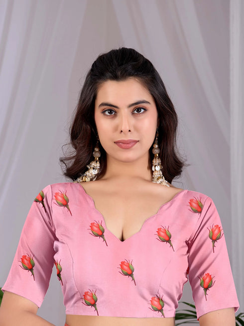Pink Soft Satin Georgette Saree With Blouse - Front View | Samyak Fashion