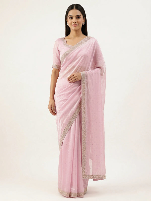 Pink Space Silk Elegant Party Wear Saree Collection With Blouse - Front View | Samyak Fashion