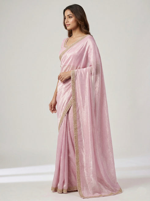 Pink Space Silk Elegant Party Wear Saree Collection With Blouse - Back View | Samyak Fashion