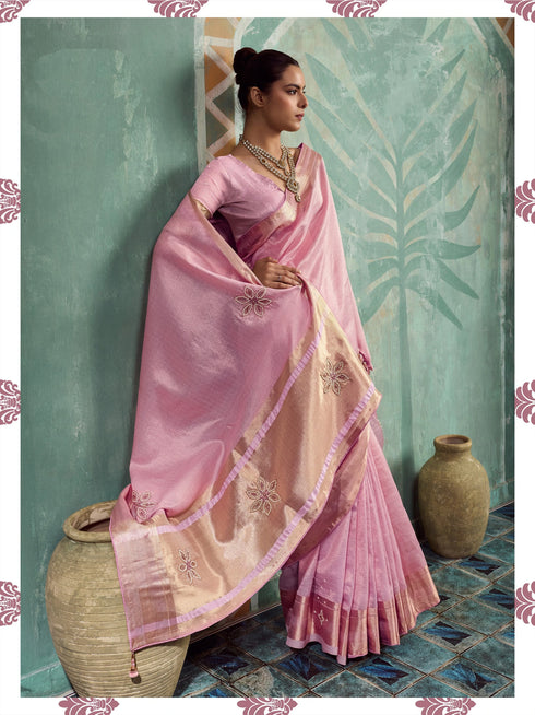 Pink Tissue Cotton Party Wear Saree With Blouse - Front View | Samyak Fashion