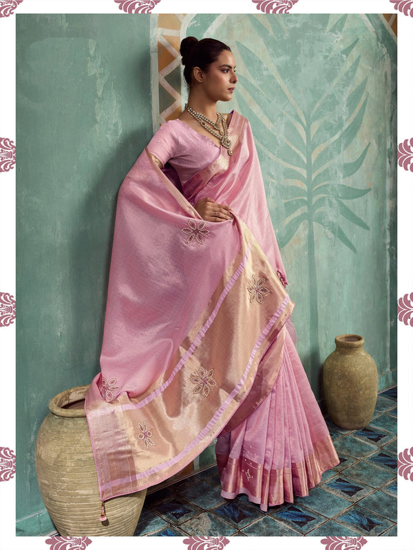 Pink Tissue Cotton Party Wear Saree With Blouse - Front View | Samyak Fashion