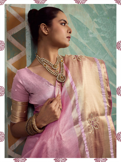 Pink Tissue Cotton Party Wear Saree With Blouse - Back View | Samyak Fashion