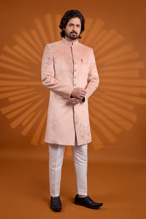 Pink Velvet Mens Premium Men's Sherwani - Front View | Samyak Fashion