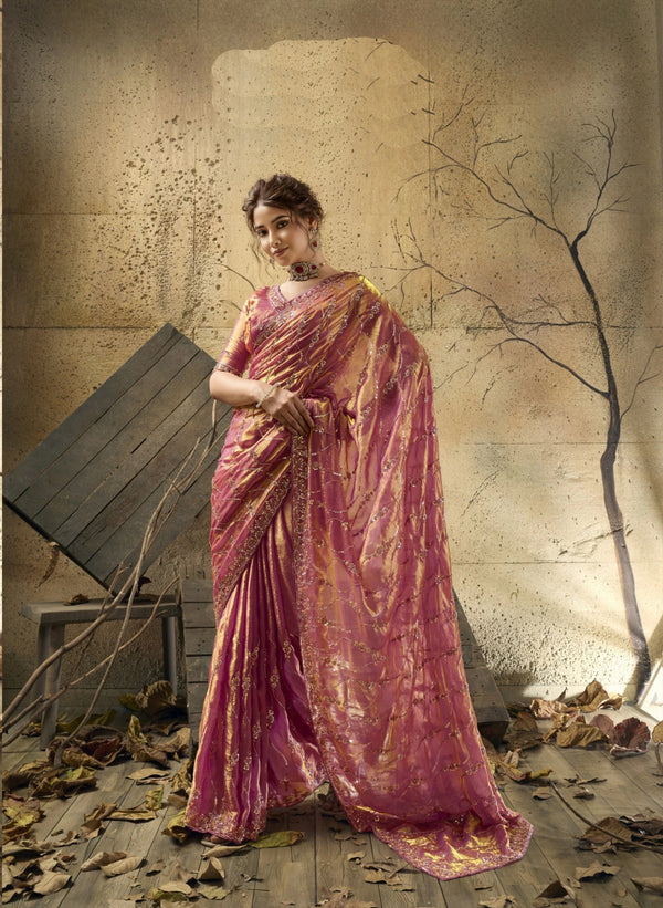 Pink Velvet Satin Party Wear Saree With Blouse - Front View | Samyak Fashion