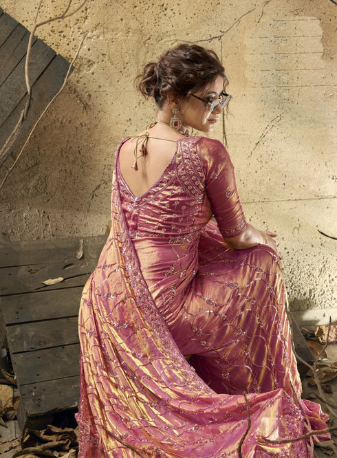 Pink Velvet Satin Party Wear Saree With Blouse - Side View | Samyak Fashion
