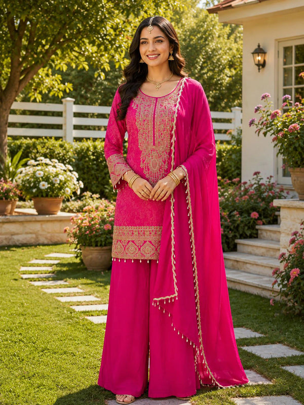 Pink Viscose Jacquard Silk Salwar Suit - Front View | Samyak Fashion