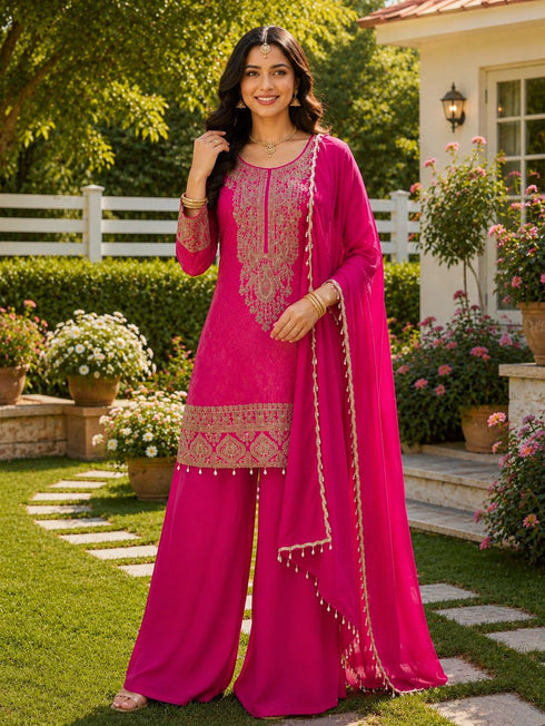 Pink Viscose Jacquard Silk Salwar Suit - Back View | Samyak Fashion