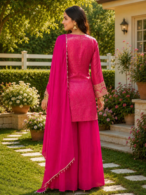 Pink Viscose Jacquard Silk Salwar Suit - Side View | Samyak Fashion