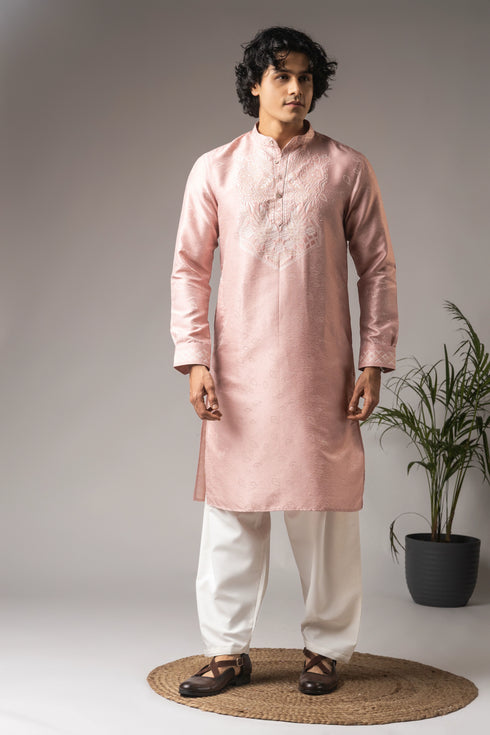 Pink Viscose Mens Kurta With Payjama - Front View | Samyak Fashion