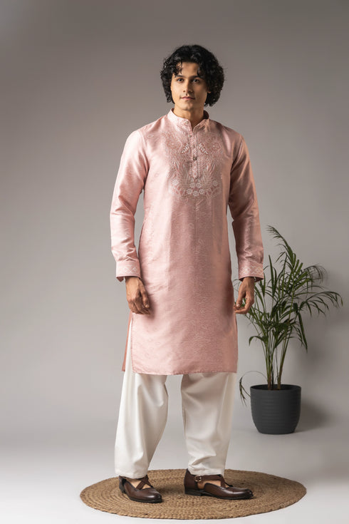 Pink Viscose Mens Kurta With Payjama - Detail View | Samyak Fashion