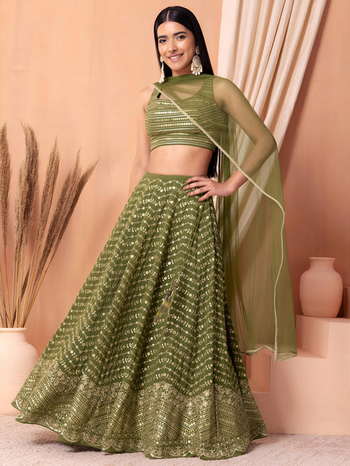 Pista Georgette Lehenga Choli - Front View | Samyak Fashion