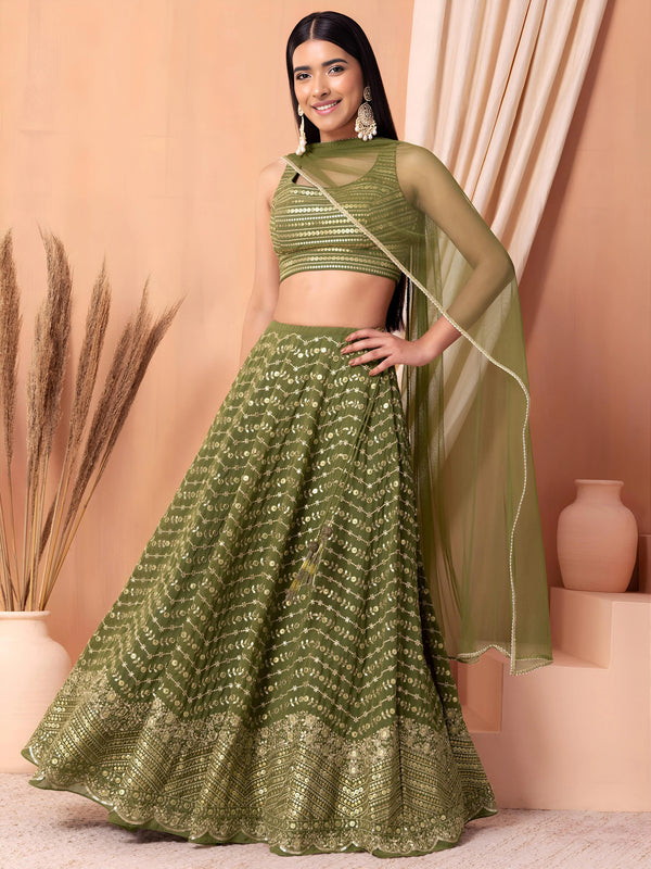 Pista Georgette Lehenga Choli - Front View | Samyak Fashion
