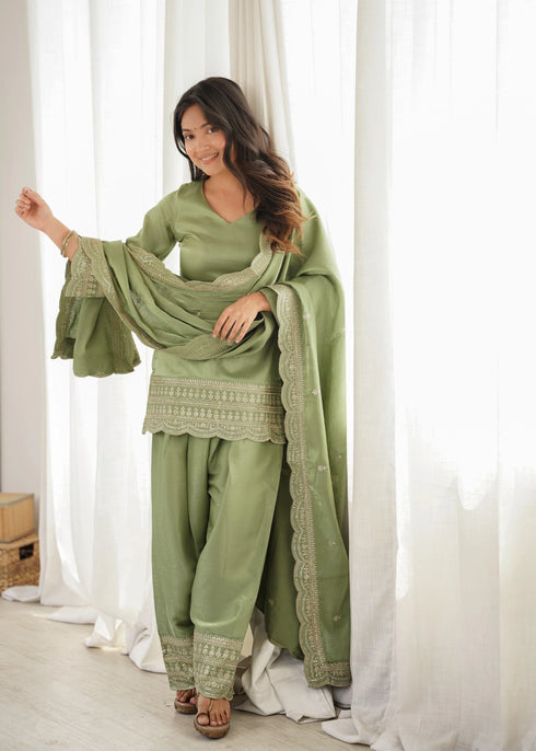 Pista Glass Roman Silk Elementary Suit - Front View | Samyak Fashion