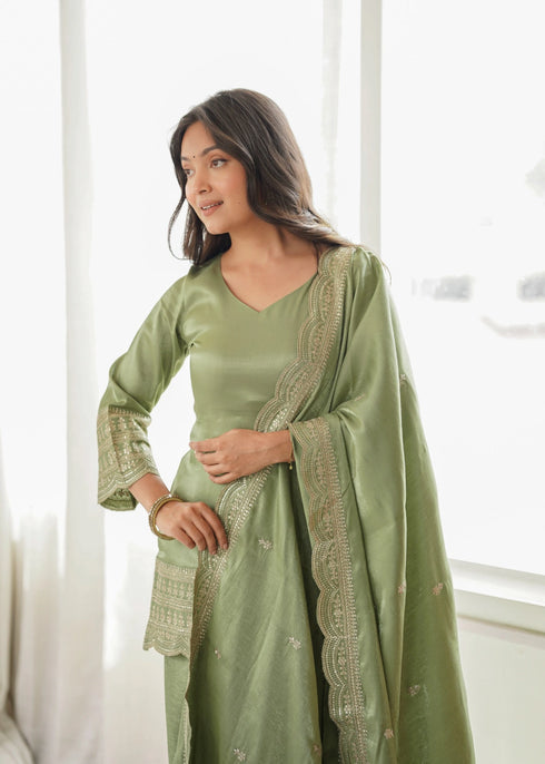 Pista Glass Roman Silk Elementary Suit - Full View | Samyak Fashion