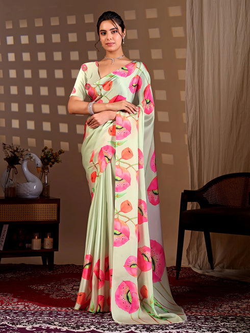 Pista Green Soft Satin Georgette Saree With Blouse - Front View | Samyak Fashion