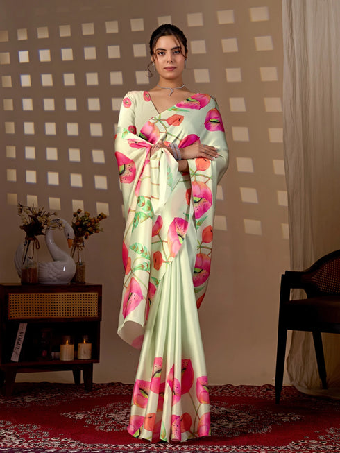 Pista Green Soft Satin Georgette Saree With Blouse - Back View | Samyak Fashion