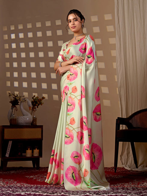 Pista Green Soft Satin Georgette Saree With Blouse - Side View | Samyak Fashion