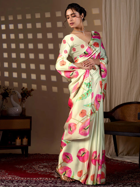 Pista Green Soft Satin Georgette Saree With Blouse - Detail View | Samyak Fashion