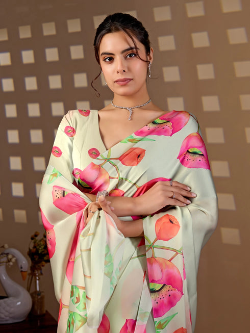Pista Green Soft Satin Georgette Saree With Blouse - Full View | Samyak Fashion