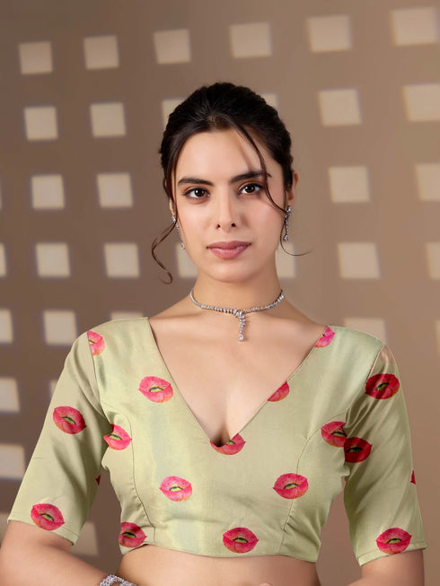Pista Green Soft Satin Georgette Saree With Blouse - Styled View | Samyak Fashion