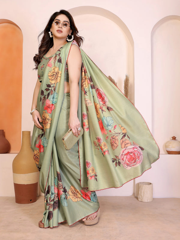 Pista Manipuri Silk Elegant Party Wear Saree Collection With Blouse - Front View | Samyak Fashion