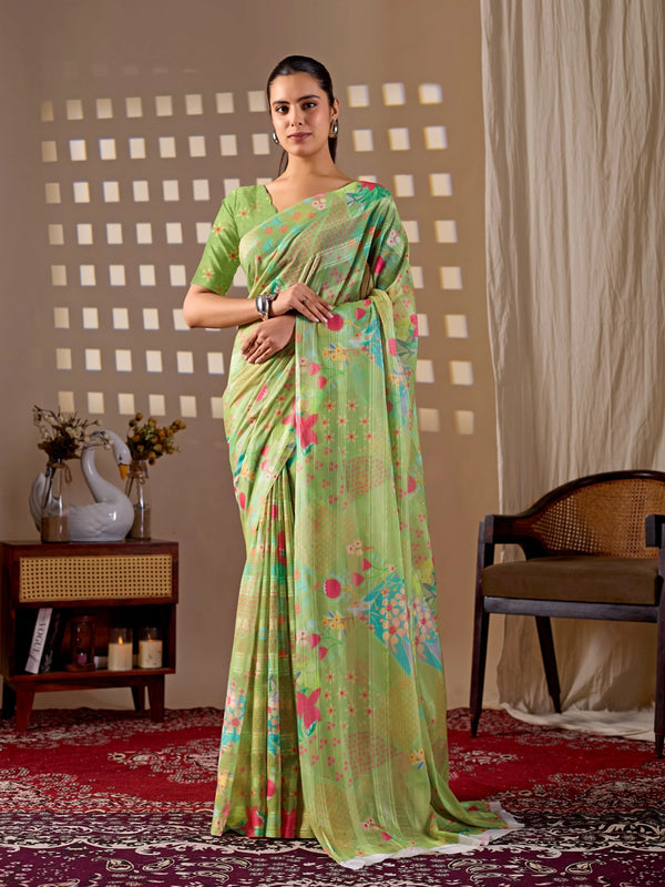 Pista Monsoon Georgette Silk Party Wear Saree With Blouse - Front View | Samyak Fashion