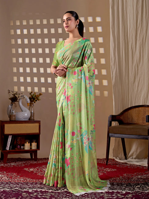 Pista Monsoon Georgette Silk Party Wear Saree With Blouse - Back View | Samyak Fashion