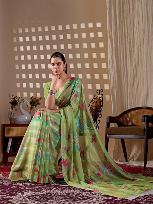 Pista Monsoon Georgette Silk Party Wear Saree With Blouse - Detail View | Samyak Fashion