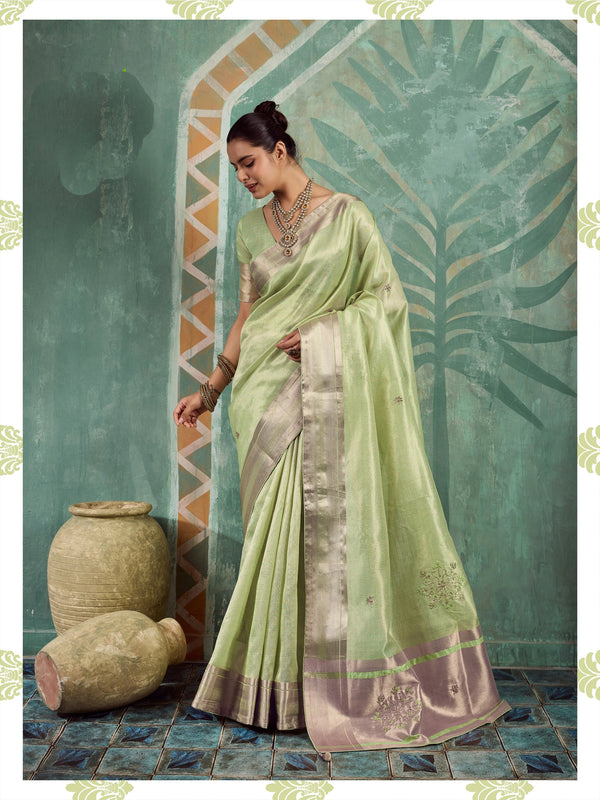 Pista Tissue Cotton Party Wear Saree With Blouse - Front View | Samyak Fashion