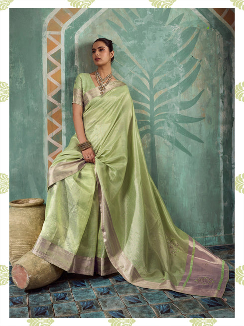 Pista Tissue Cotton Party Wear Saree With Blouse - Back View | Samyak Fashion