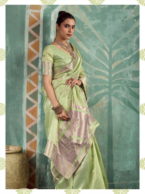 Pista Tissue Cotton Party Wear Saree With Blouse - Side View | Samyak Fashion