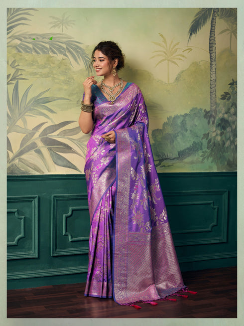Purple Banarasi Silk Party Wear Saree With Blouse - Front View | Samyak Fashion