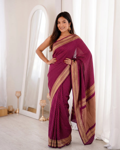 Purple Banarasi Soft Silk Party Wear Saree With Blouse - Front View | Samyak Fashion