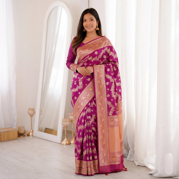 Purple Banarasi Soft Silk Party Wear Saree With Blouse - Front View | Samyak Fashion