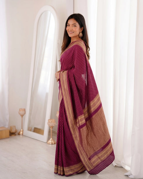 Purple Banarasi Soft Silk Party Wear Saree With Blouse - Side View | Samyak Fashion