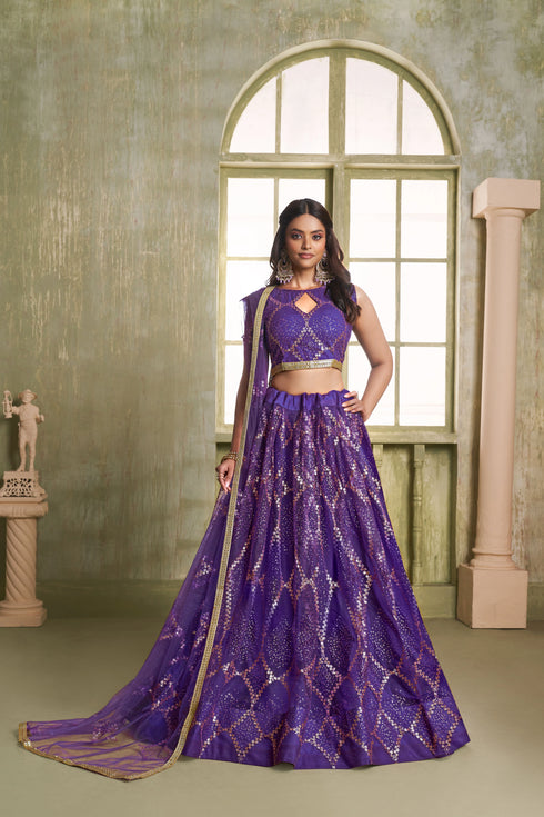 Purple Butterfly Net Lahenga Choli - Front View | Samyak Fashion