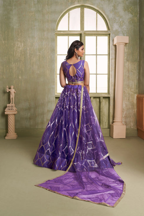 Purple Butterfly Net Lahenga Choli - Back View | Samyak Fashion