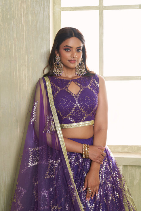 Purple Butterfly Net Lahenga Choli - Side View | Samyak Fashion