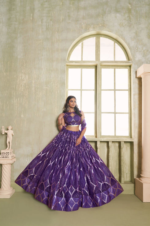 Purple Butterfly Net Lahenga Choli - Detail View | Samyak Fashion