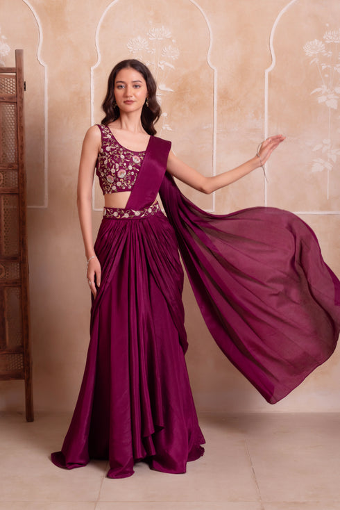 Purple Chinon Elegant Party Wear Ready To Wear Saree Collection With Blouse - Back View | Samyak Fashion