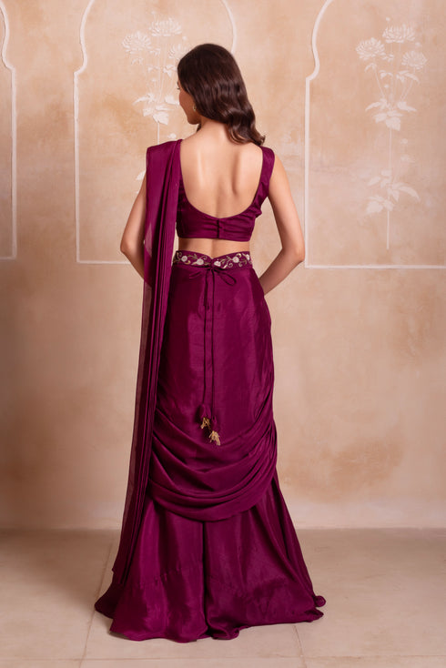 Purple Chinon Elegant Party Wear Ready To Wear Saree Collection With Blouse - Side View | Samyak Fashion