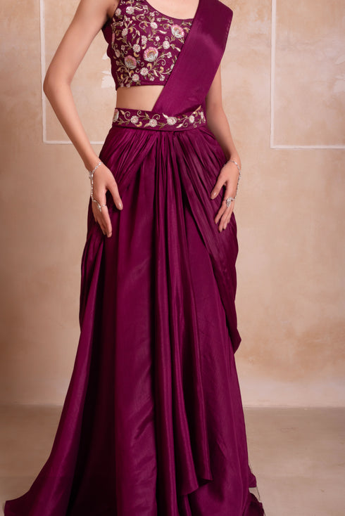 Purple Chinon Elegant Party Wear Ready To Wear Saree Collection With Blouse - Detail View | Samyak Fashion