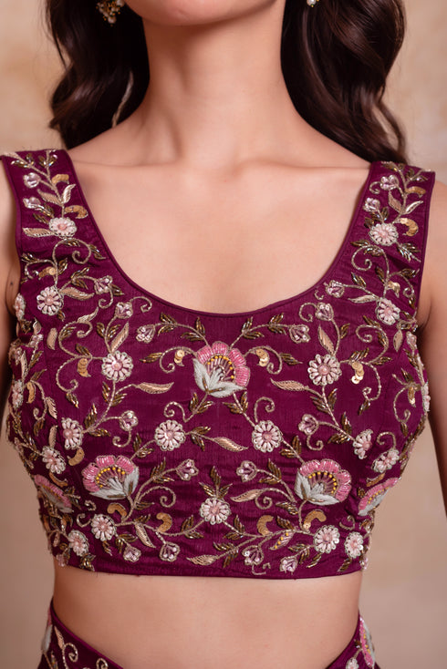 Purple Chinon Elegant Party Wear Ready To Wear Saree Collection With Blouse - Close-up View | Samyak Fashion