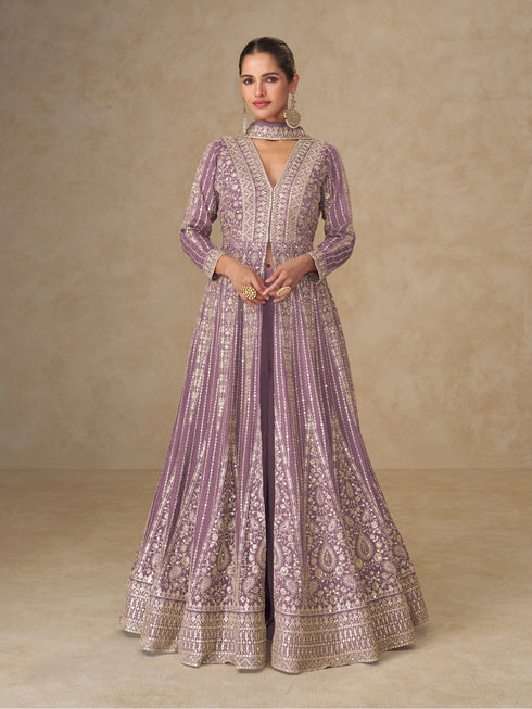 Purple Chinon Gown With Dupatta With Dupatta - Front View | Samyak Fashion