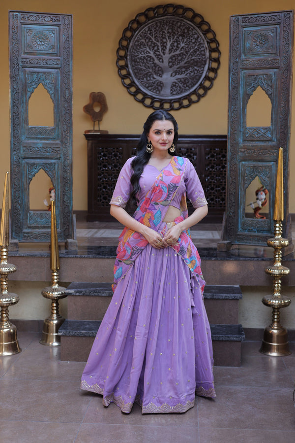 Purple Cosmos Silk Lehenga Choli - Front View | Samyak Fashion