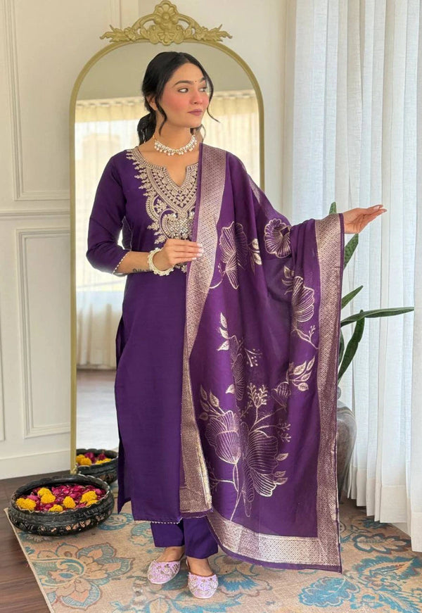 Purple Cotton Blend Salwar Suit - Front View | Samyak Fashion