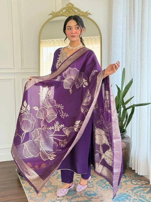 Purple Cotton Blend Salwar Suit - Back View | Samyak Fashion